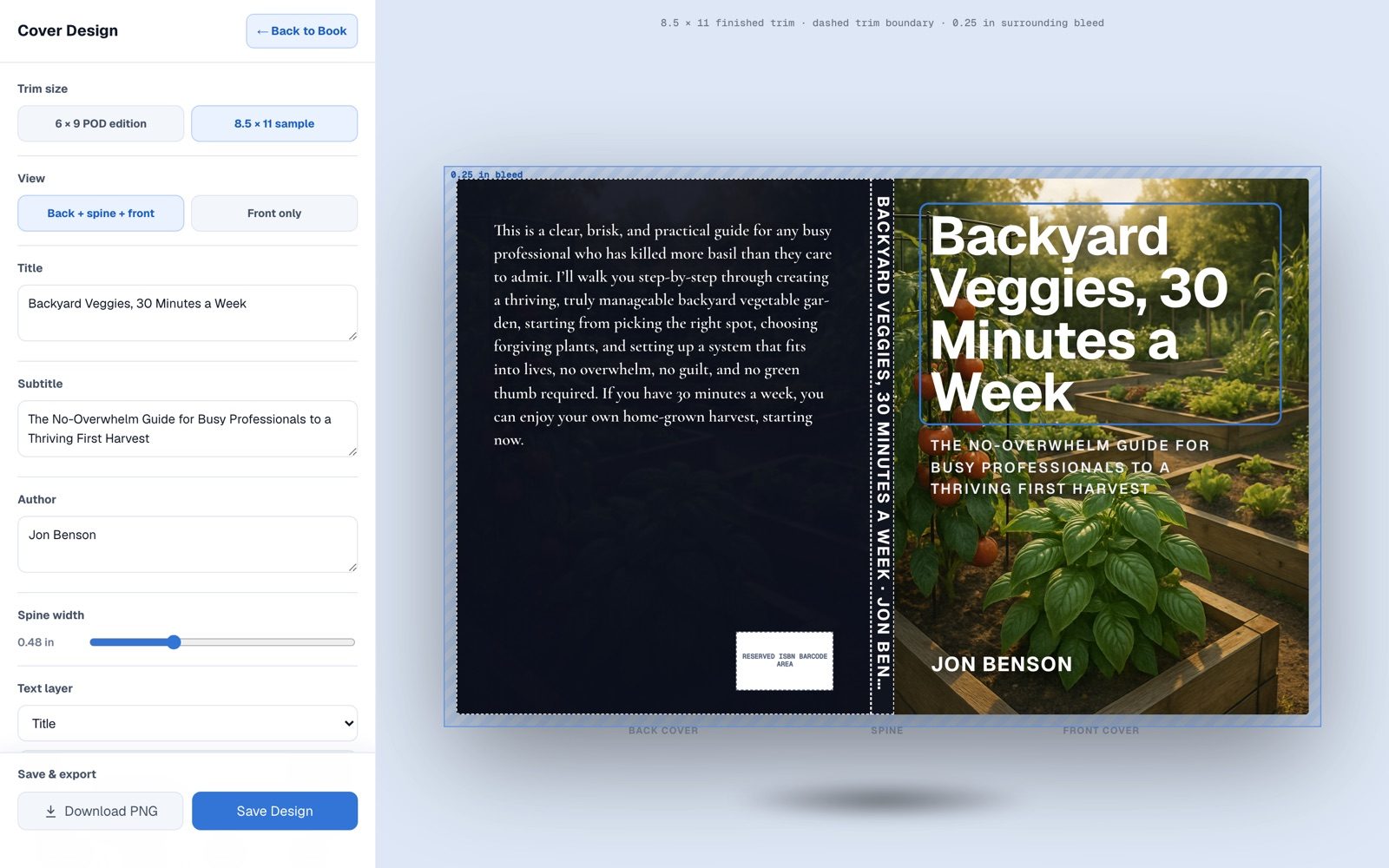 The cover designer showing a full jacket with generated art