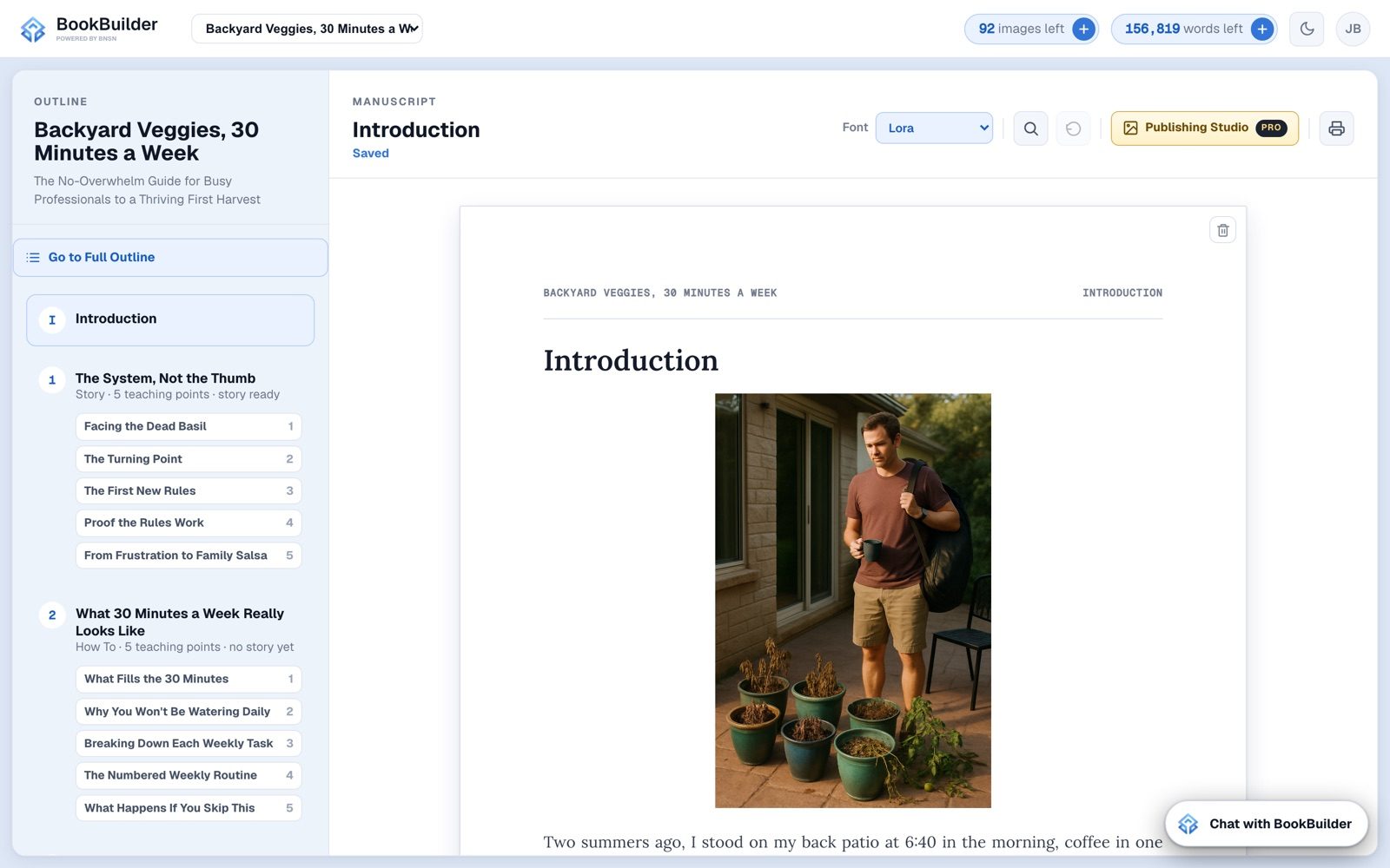 The BookBuilder editor with a finished introduction and generated art